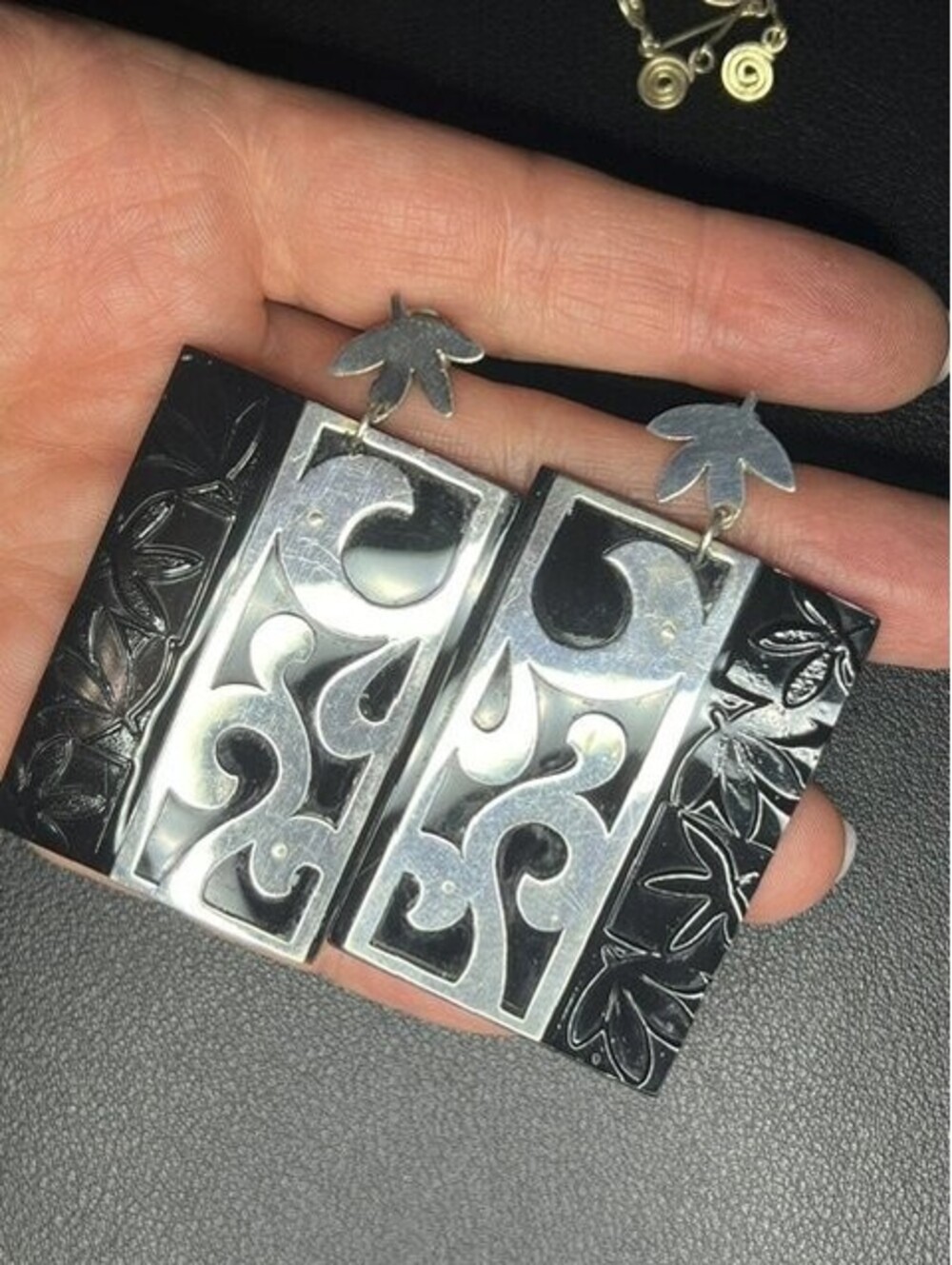 B7385 Large Dangle Drop Earrings Sterling Silver Black Resin Scroll Leaf 2.5"